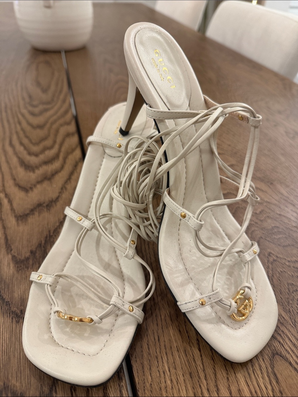 Gucci Ivory Lace-Up Leather High Heel Sandals with Gold Accents